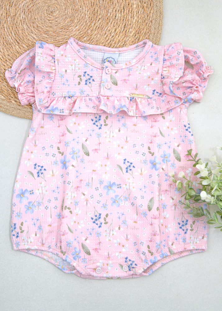 Macaquinho Romper Bebê Rosa Com Estampa Floral Iase