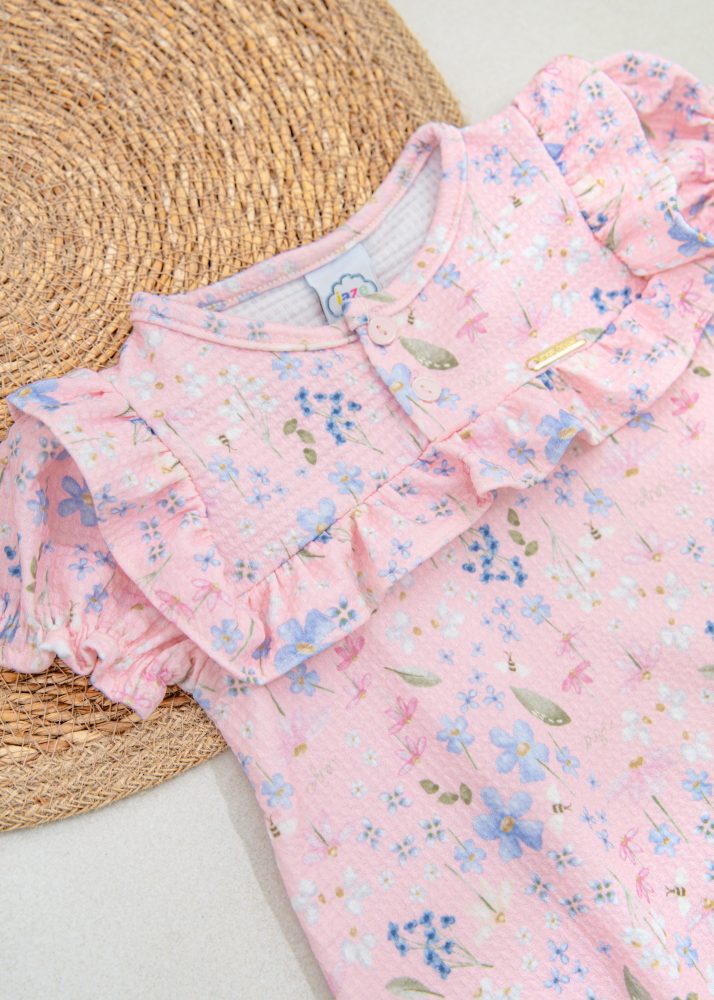 Macaquinho Romper Bebê Rosa Com Estampa Floral Iase