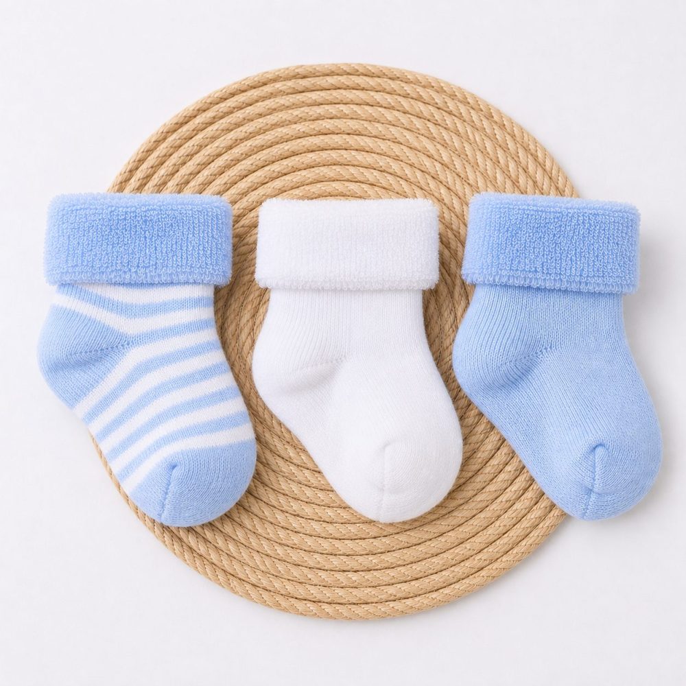 Kit 3 Pares Meia Bebê Atoalhada Listrada Azul
