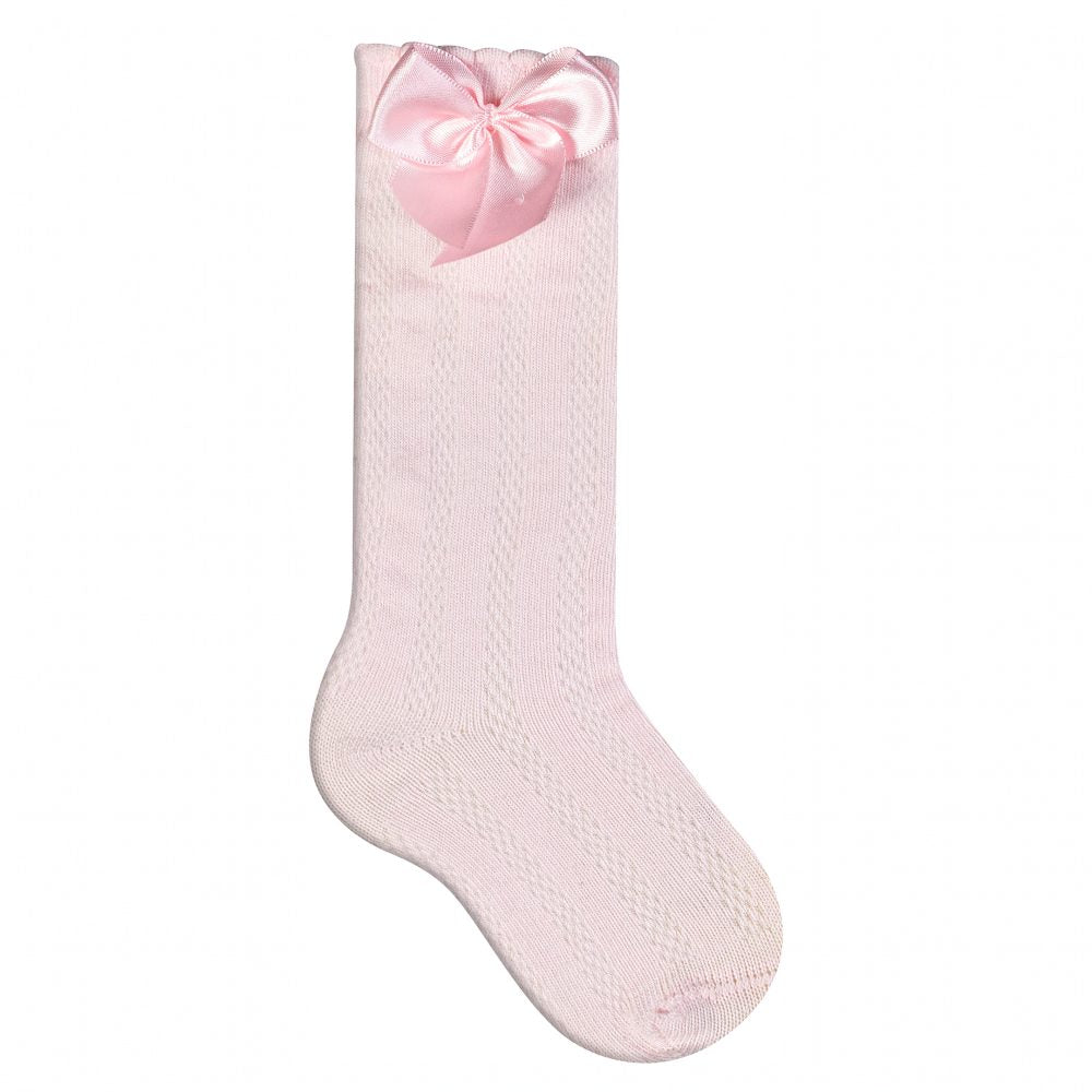 Meia Festa 3/4 Para Bebê Com Laço Cetin Rosa