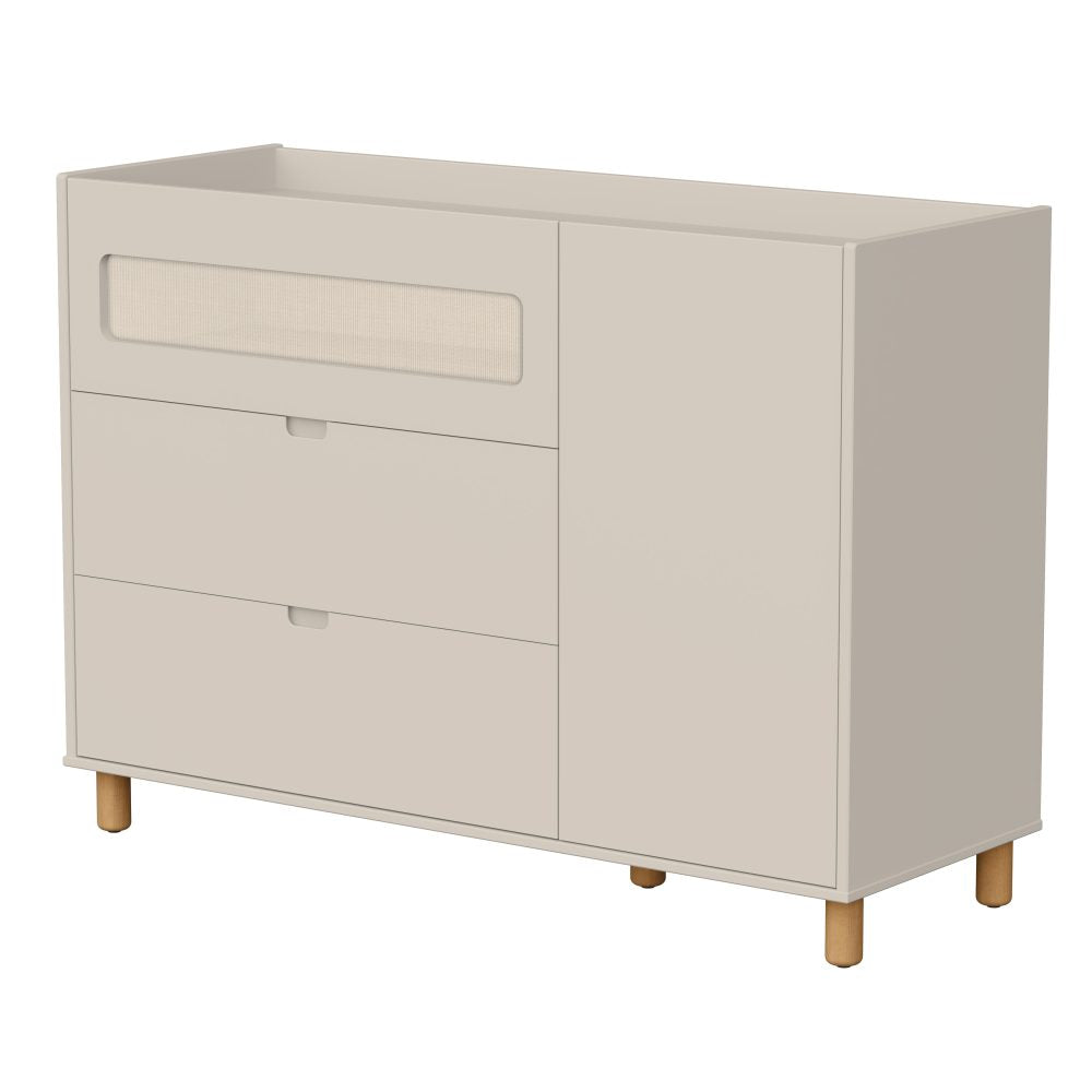 Quarto de Bebê Ollie Reller | Guarda-Roupa 4 Portas, Cômoda e Berço - Areia Fosco
