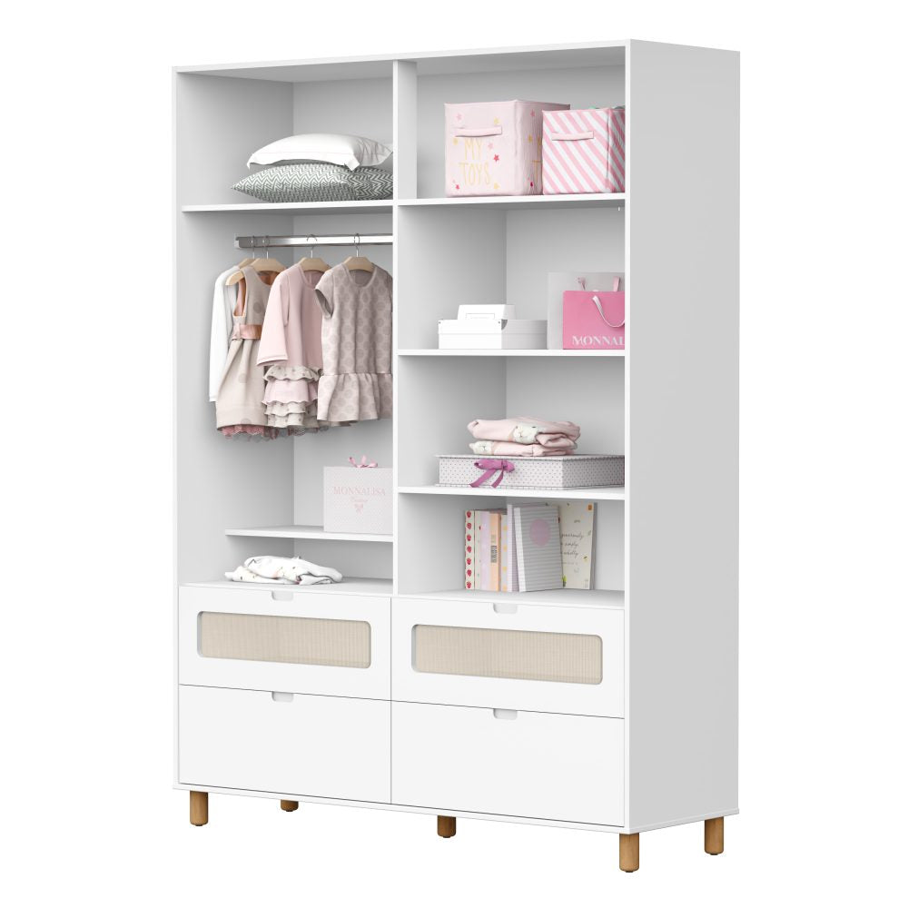 Quarto de Bebê Ollie Reller | Guarda-Roupa 4 Portas, Cômoda e Berço - Branco Fosco