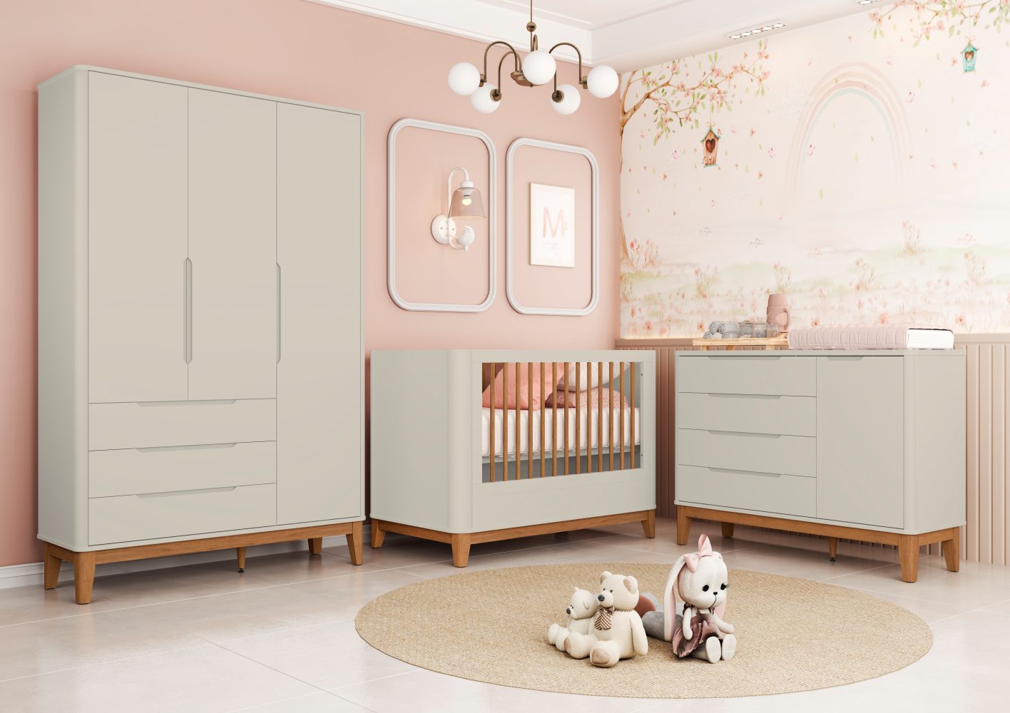 Quarto de Bebê Boom Plus Classic | Guarda-Roupa 3 Portas, Cômoda e Berço Reller - Areia Fosco