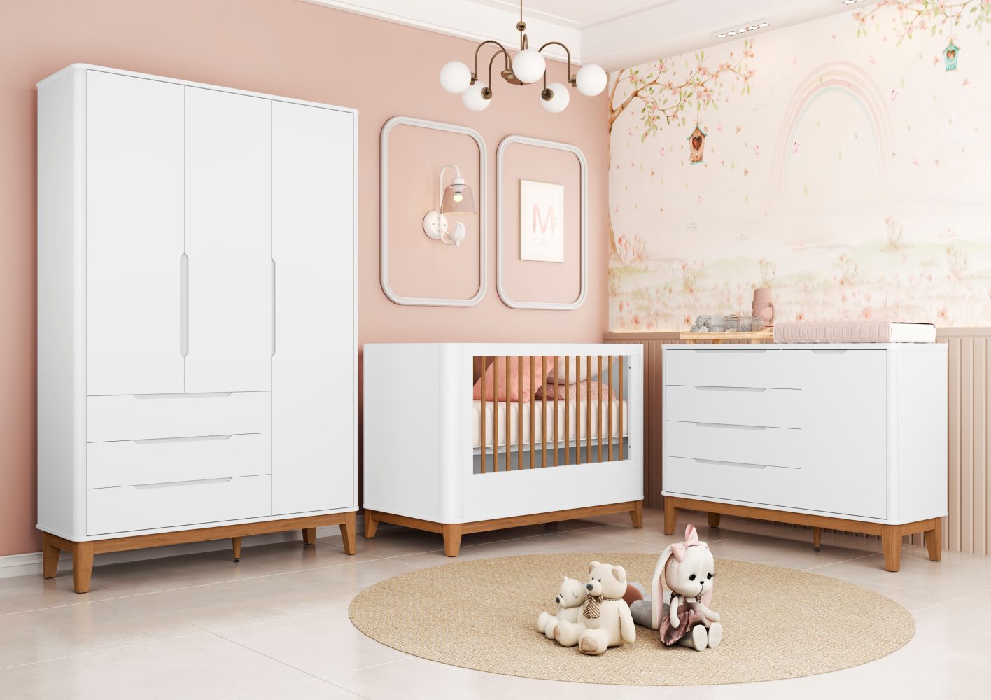 Quarto de Bebê Boom Plus Classic | Guarda-Roupa 3 Portas, Cômoda e Berço Reller - Branco Fosco