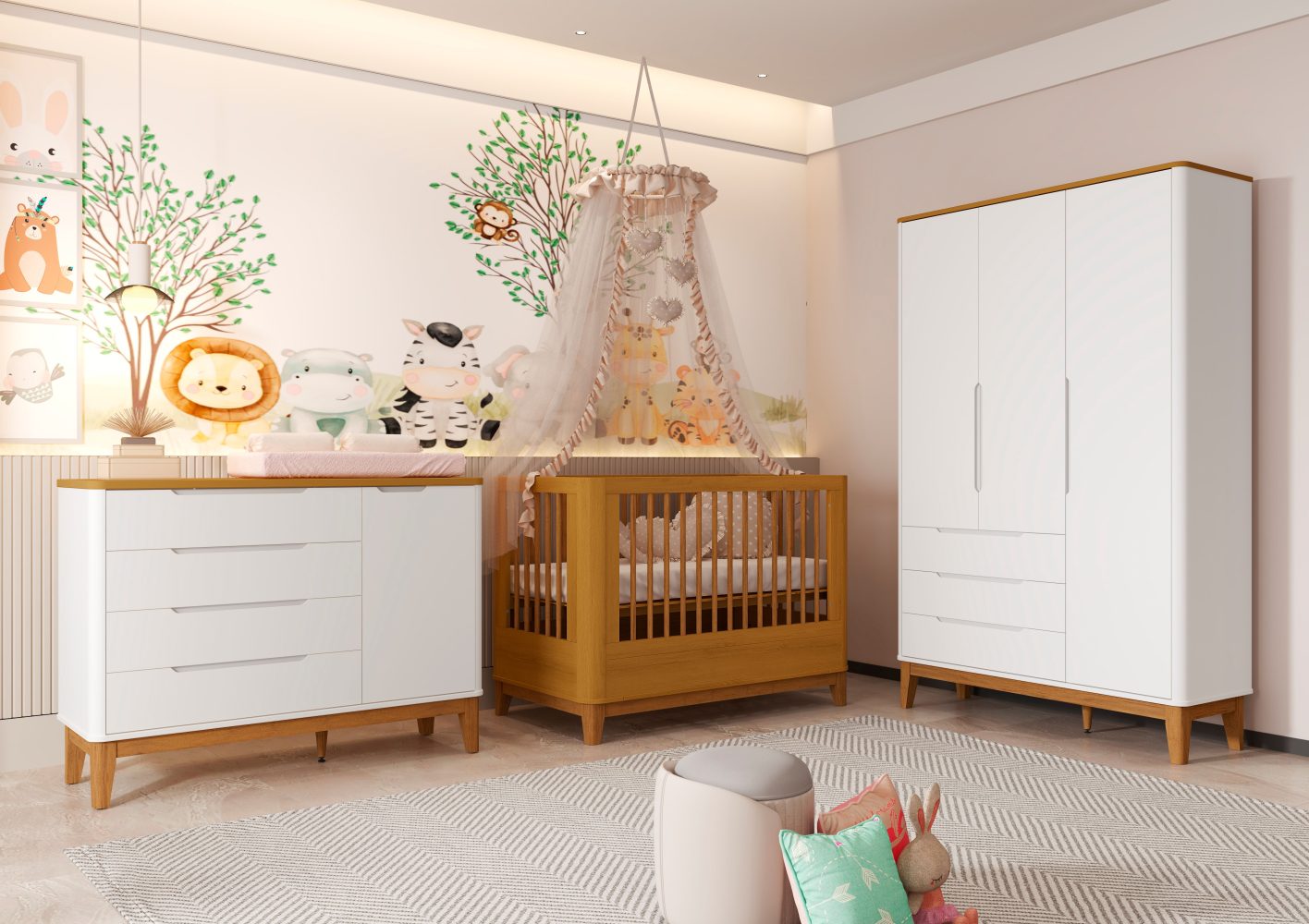 Quarto de Bebê Boom Slim Classic | Guarda-Roupa 3 Portas, Cômoda e Berço Reller - Branco Fosco com Savana