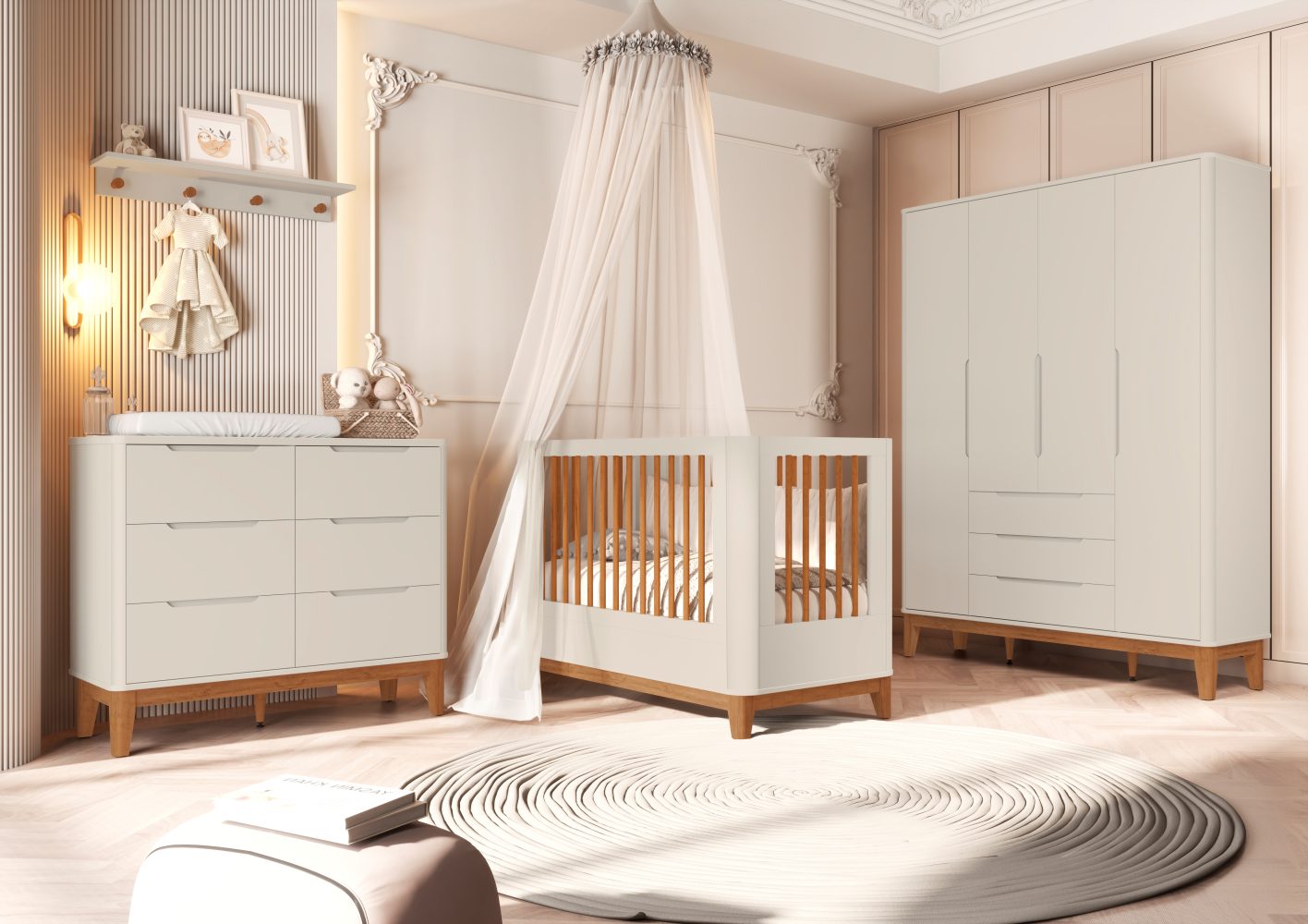 Quarto de Bebê Boom Slim Classic | Guarda-Roupa 4 Portas, Cômoda e Berço Reller - Areia Fosco