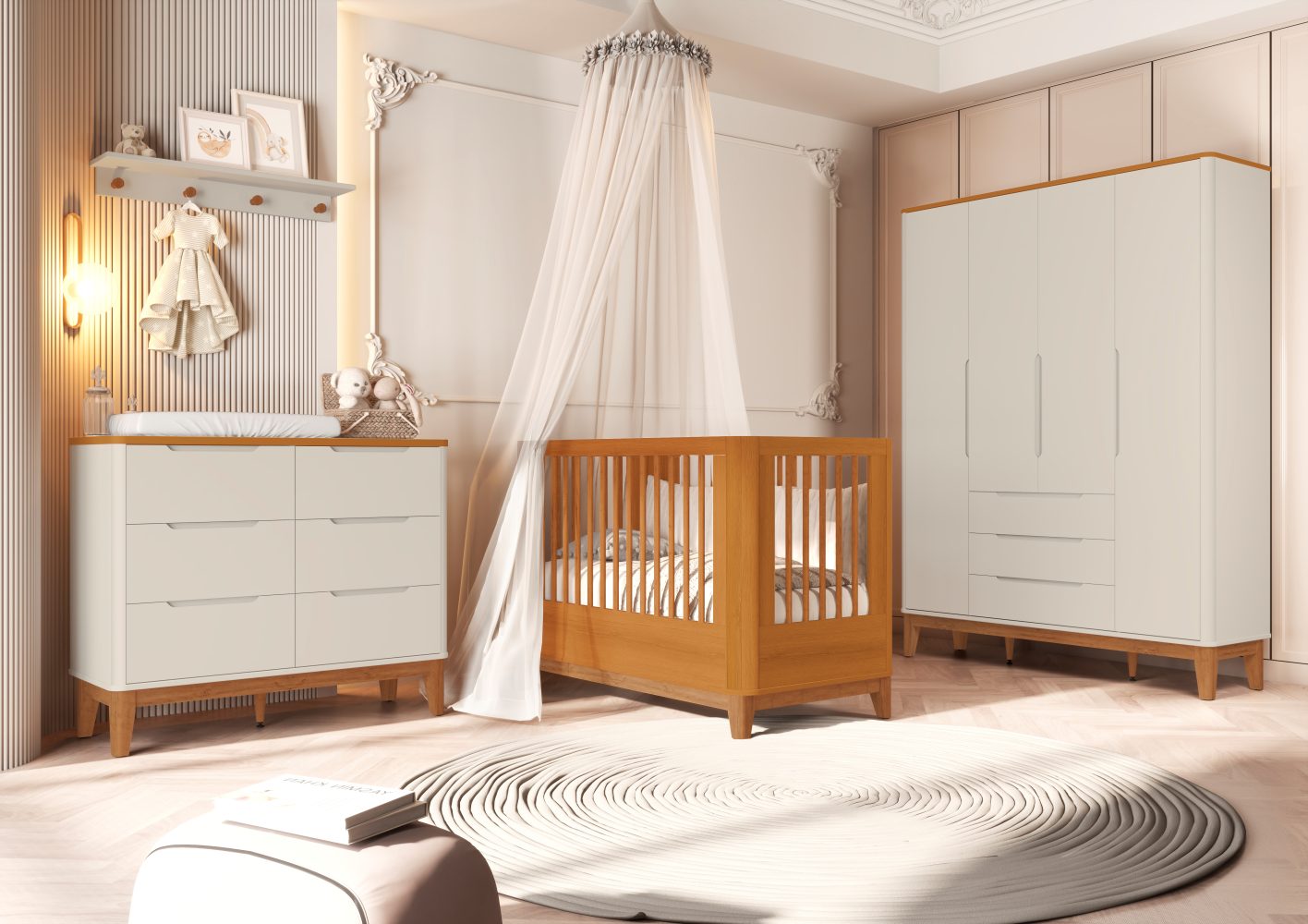 Quarto de Bebê Boom Slim Classic | Guarda-Roupa 4 Portas, Cômoda e Berço Reller - Areia Fosco Com Savana