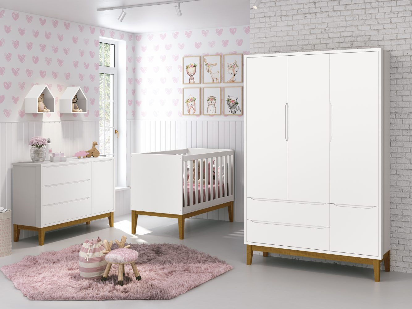 Quarto de Bebê Classic Reller | Guarda-Roupa 3 Portas, Cômoda e Berço - Branco Fosco