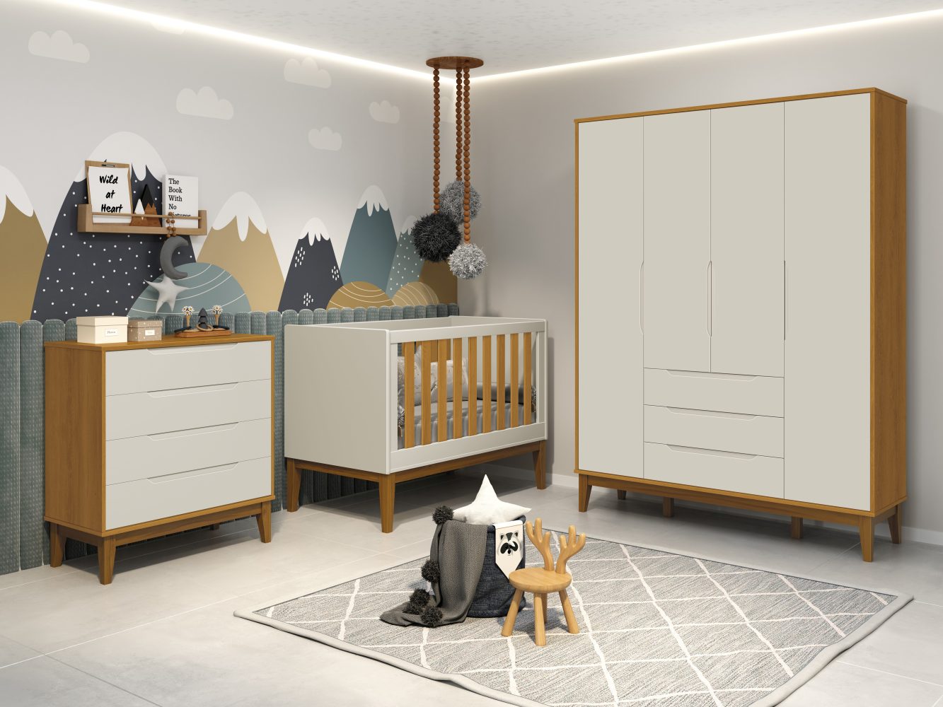 Quarto de Bebê Elfe Classic Reller | Guarda-Roupa 4 Portas, Cômoda e Berço Noah - Areia Fosco com Savana