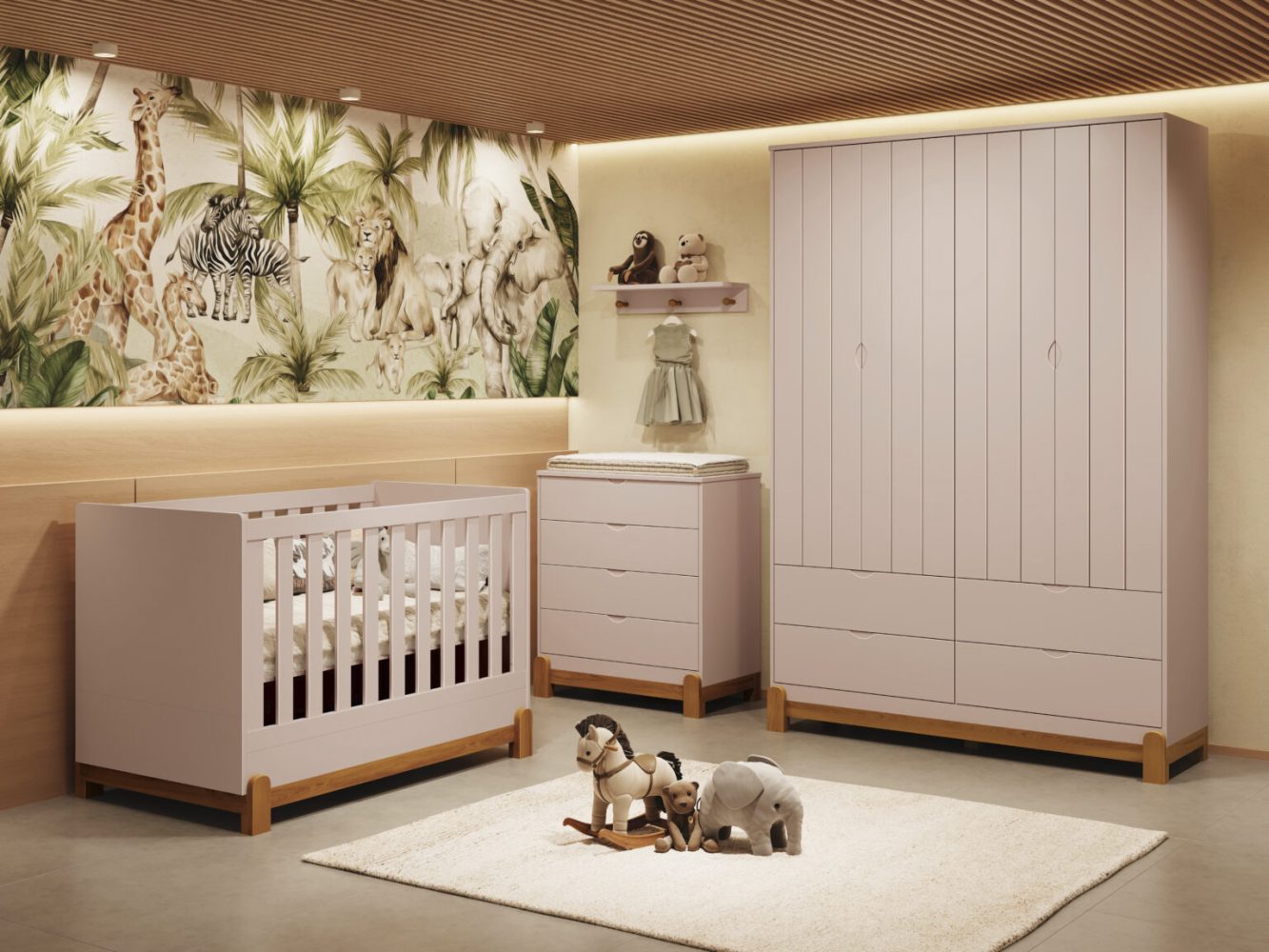 Quarto de Bebê Lotus Reller | Guarda-Roupa 4 Portas, Cômoda e Berço - Rosa Fosco