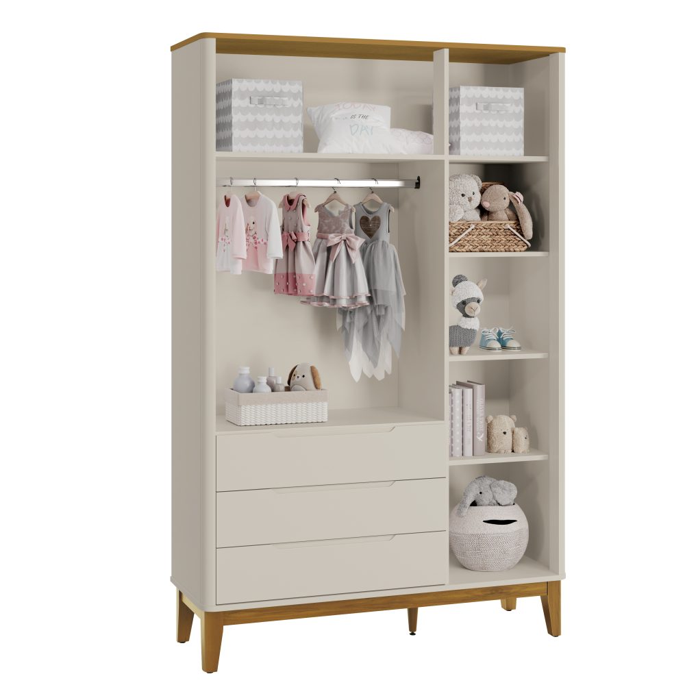 Quarto de Bebê Boom Slim Classic| Guarda-Roupa 3 Portas, Cômoda e Berço Reller - Areia Fosco Com Savana