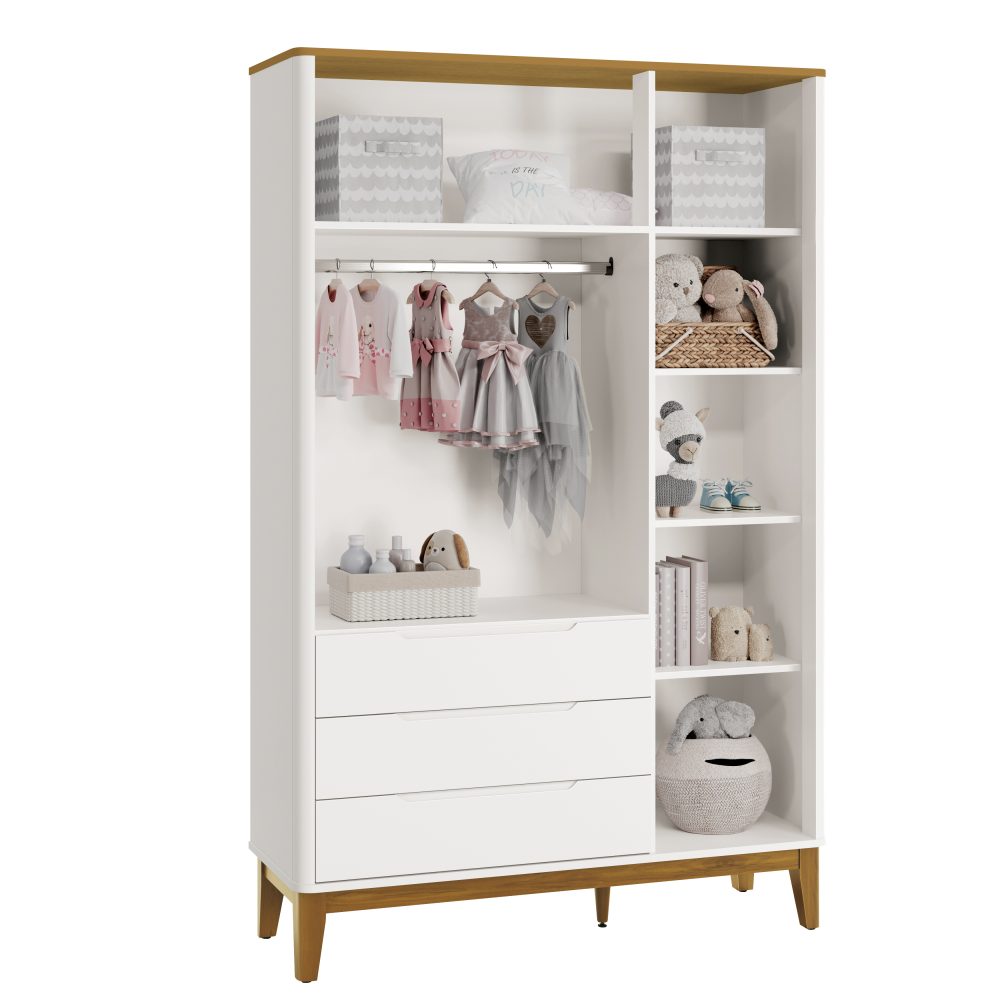 Quarto de Bebê Boom Slim Classic | Guarda-Roupa 3 Portas, Cômoda e Berço Reller - Branco Fosco com Savana