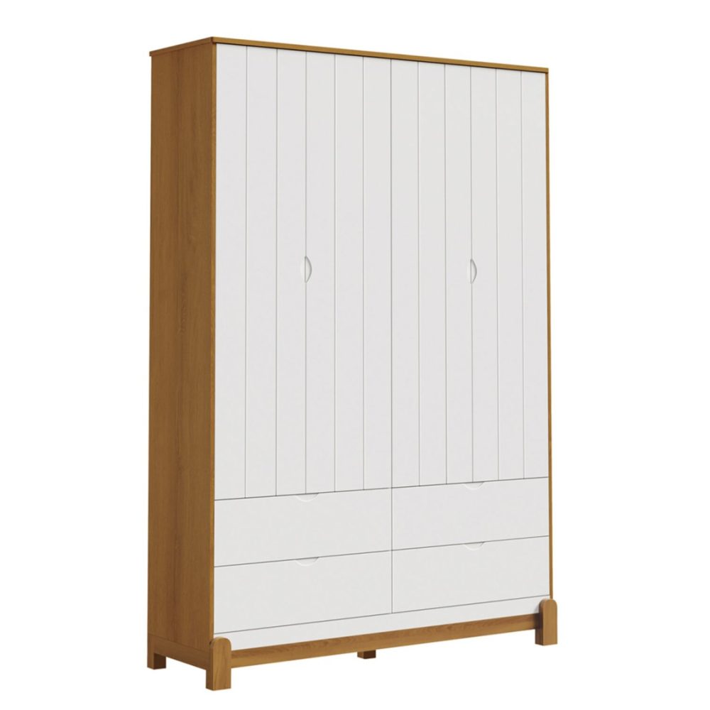 Quarto de Bebê Lotus Reller | Guarda-Roupa 4 Portas, Cômoda e Berço- Branco Fosco com Savana