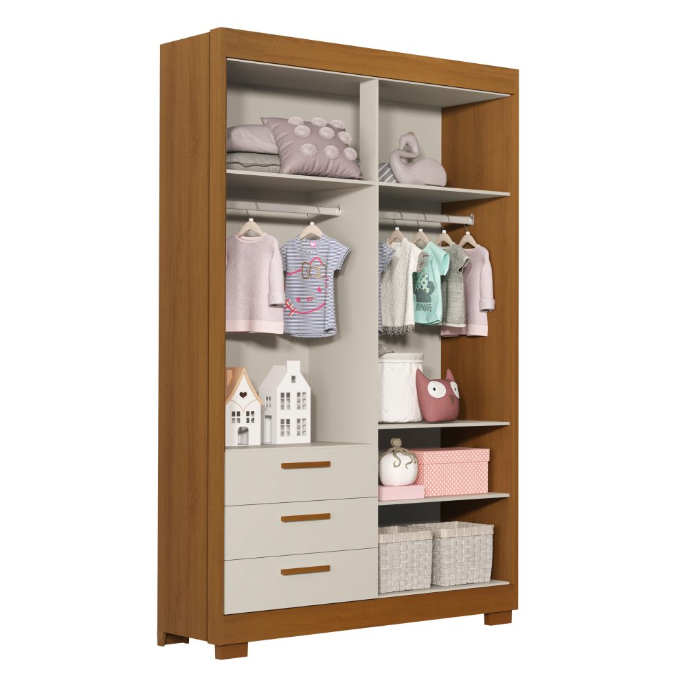 Quarto de Bebê Zaki Reller | Guarda-Roupa 4 Portas, Cômoda e Berço Evolutivo - Areia Fosco Com Savana