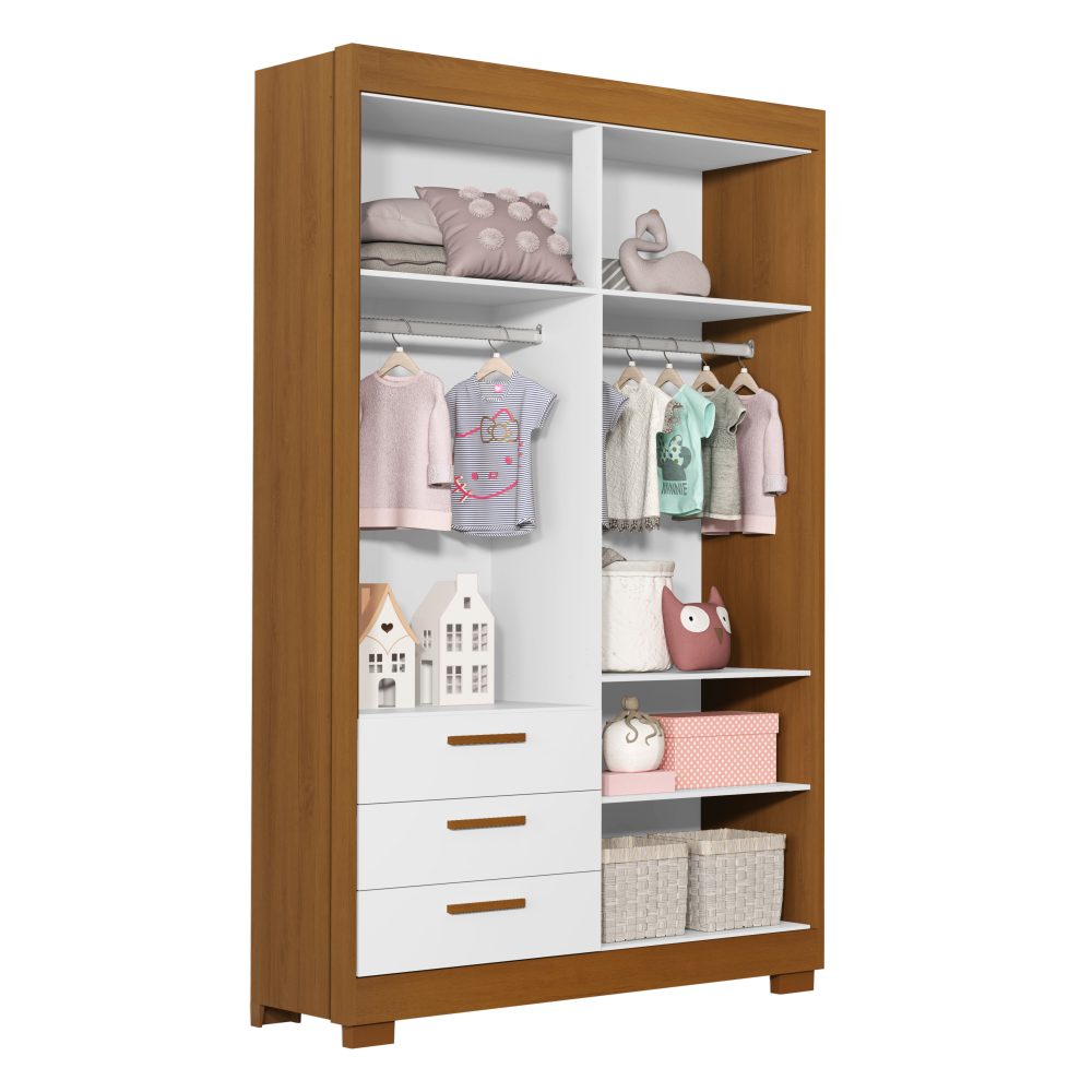 Quarto de Bebê Zaki Reller | Guarda-Roupa 4 Portas, Cômoda e Berço Evolutivo - Branco Fosco Com Savana