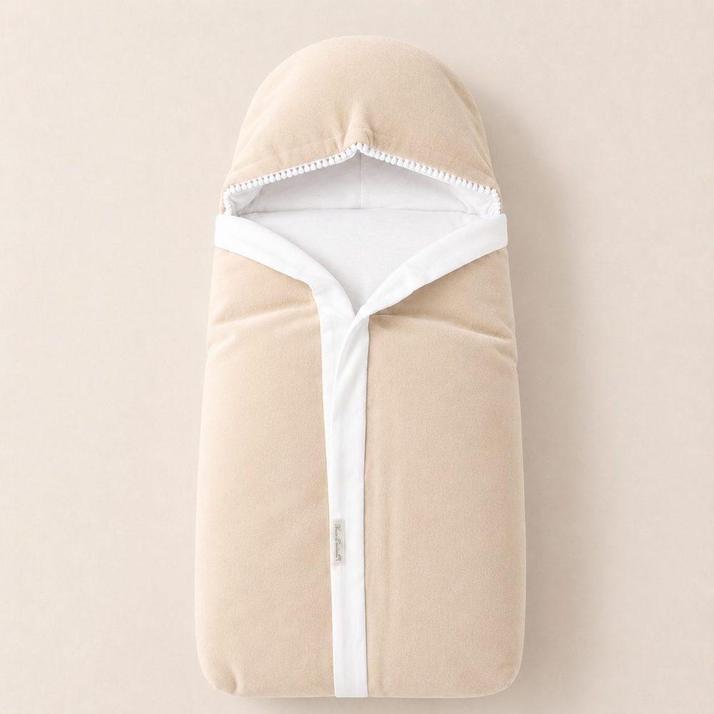Saco de Dormir em Plush e Algodão Com Capuz - Bege