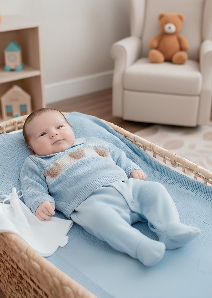 Saída Maternidade RN Azul com Blusa Tricô, Macacão Algodão e Manta