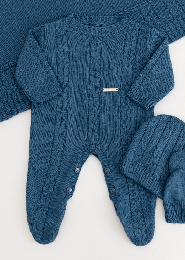 Saída Maternidade Rafa em Tricô Azul Jeans - 4 Peças