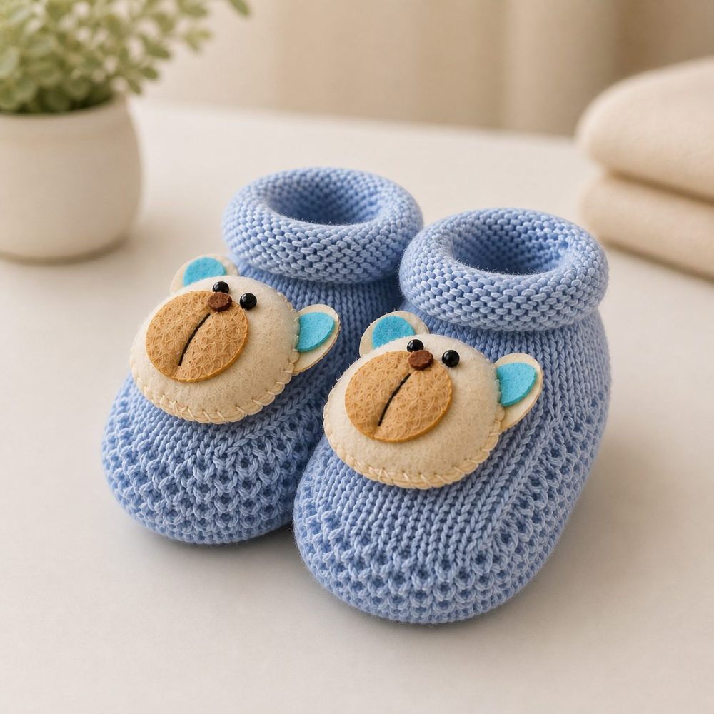 Sapatinho em Tricô Para Recém-Nascido - Urso Azul