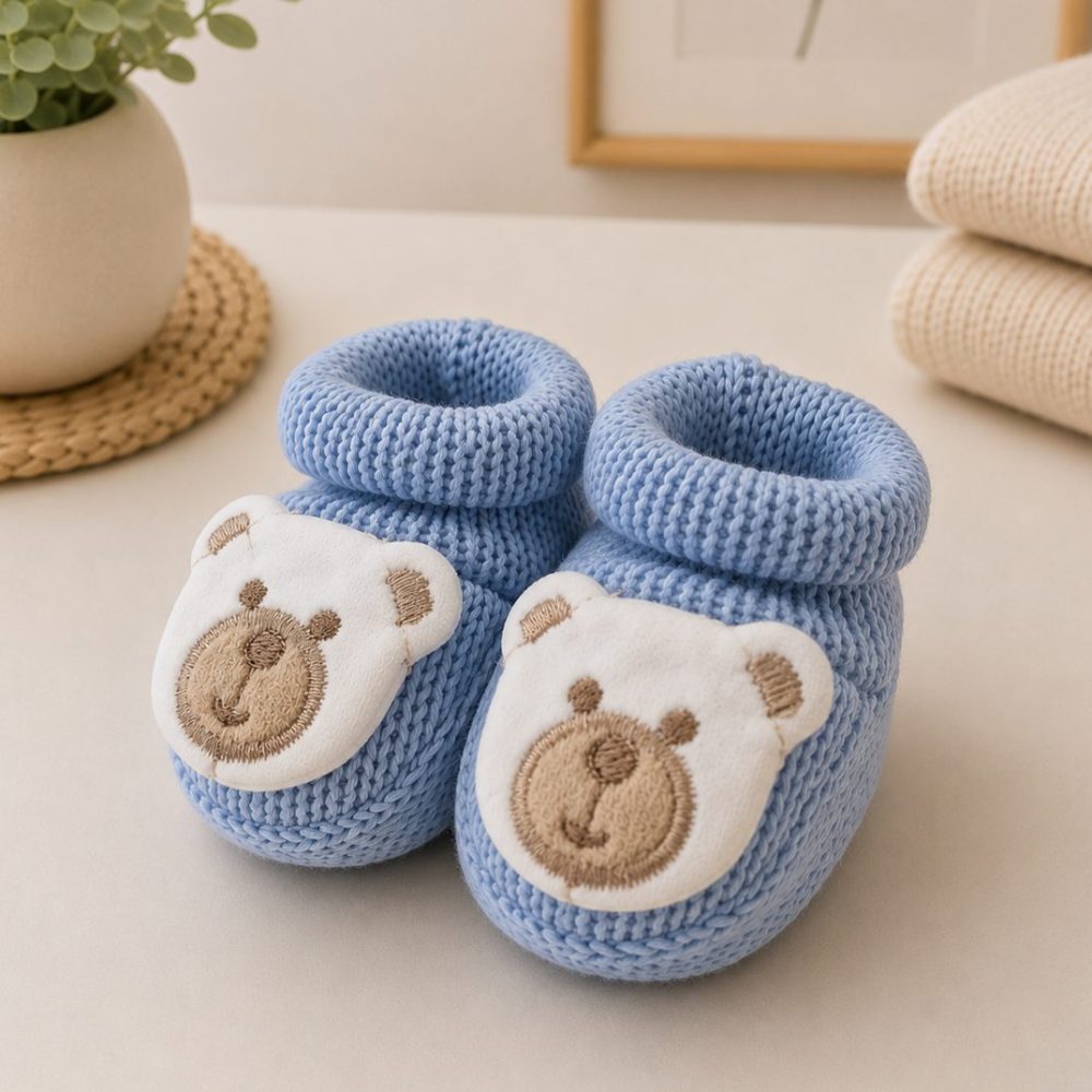 Sapatinho em Tricot Ursinho Recém-Nascido Azul