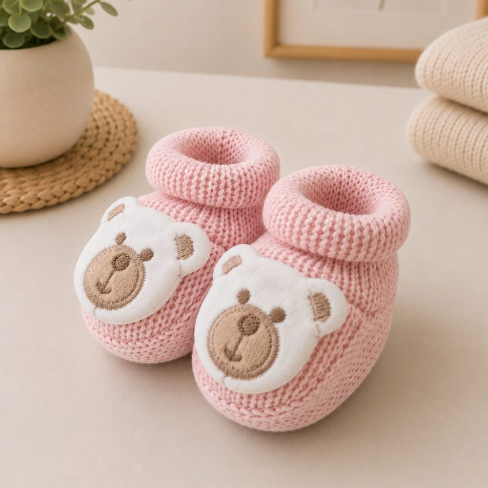 Sapatinho em Tricot Ursinho Recém-Nascido Rosa