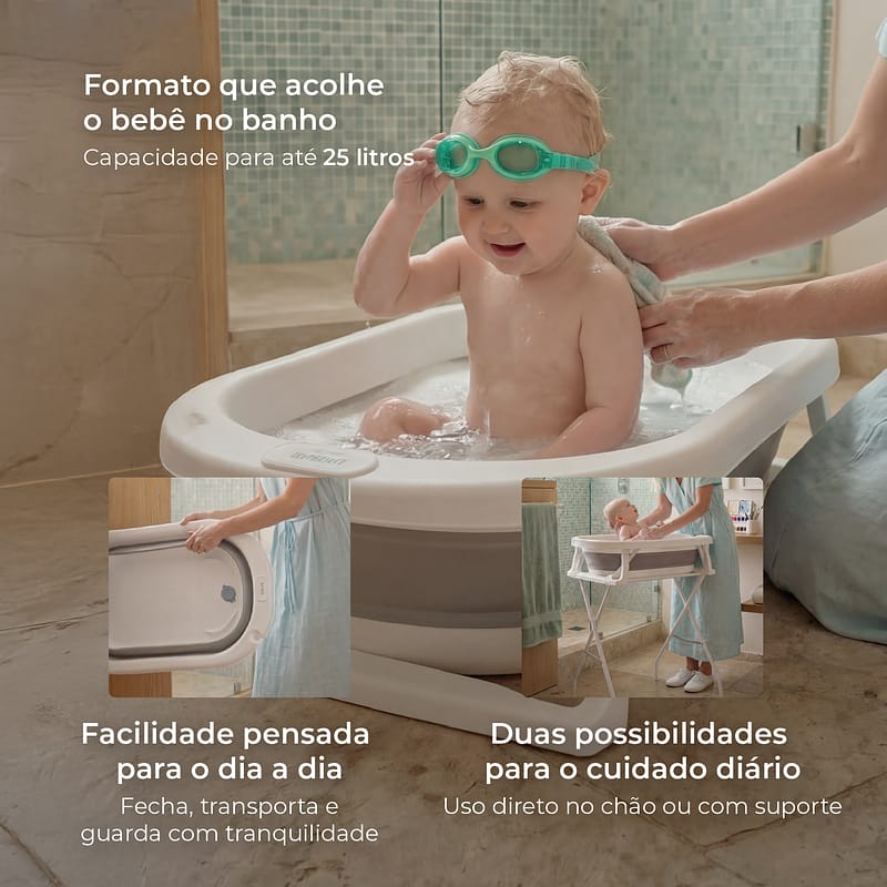 Banheira Dobrável Cinza Com Suporte Infanti - Acquarella