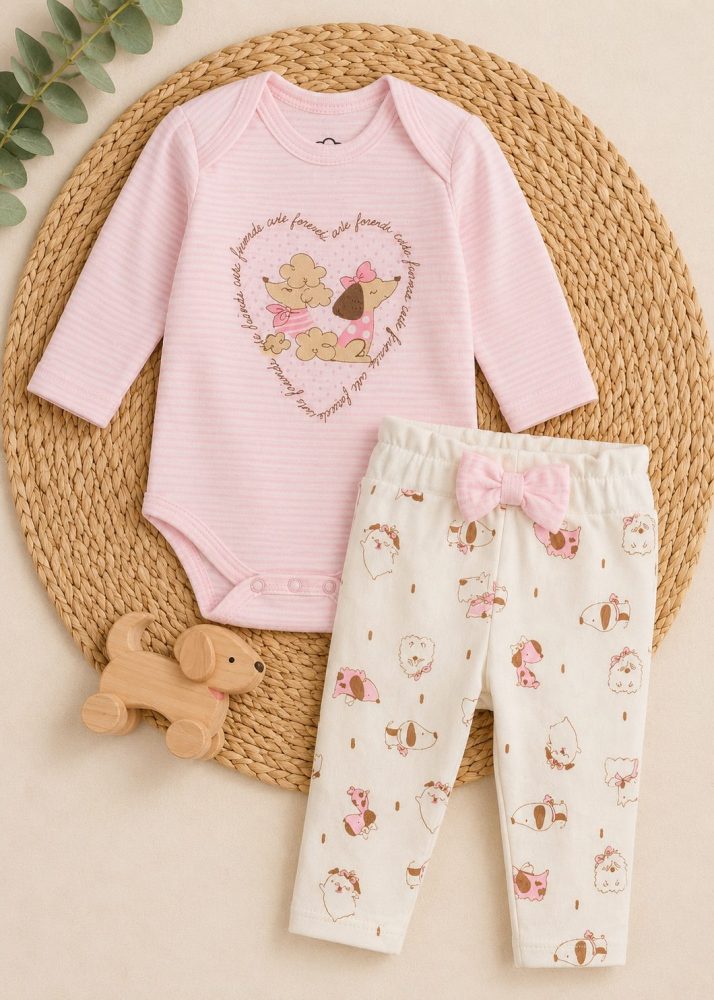 Conjunto Bebê Body Listras Com Strass Love Dog Friend e Calça