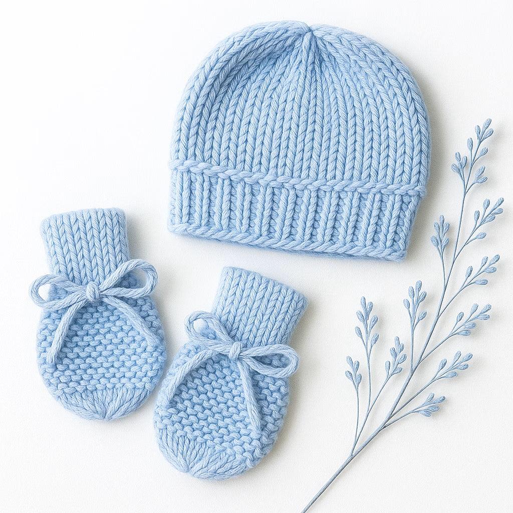 Kit Touca e Luva Tricô Bebê Recém-Nascido - Azul