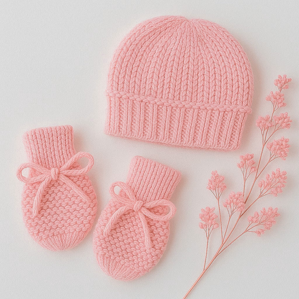 Kit Touca e Luva Tricô Bebê Recém-Nascido - Rosa
