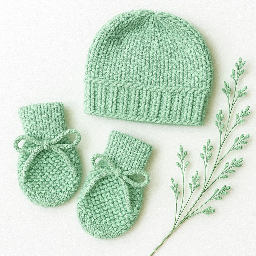 Kit Touca e Luva Tricô Bebê Recém-Nascido - Verde