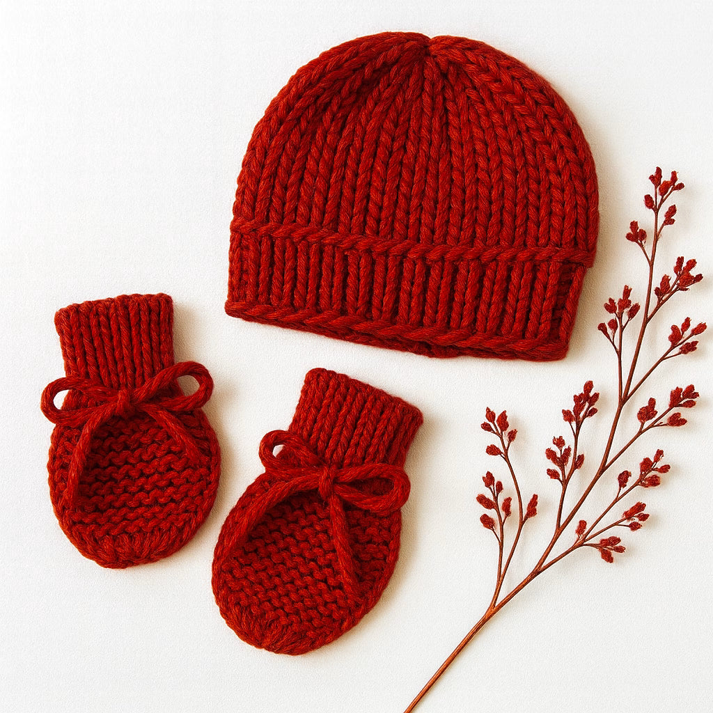 Kit Touca e Luva Tricô Bebê Recém-Nascido - Vermelho