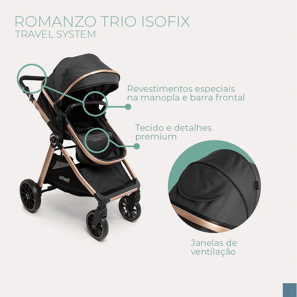 Carrinho Infanti Romanzo Trio Base Isofix Preto Bronze
