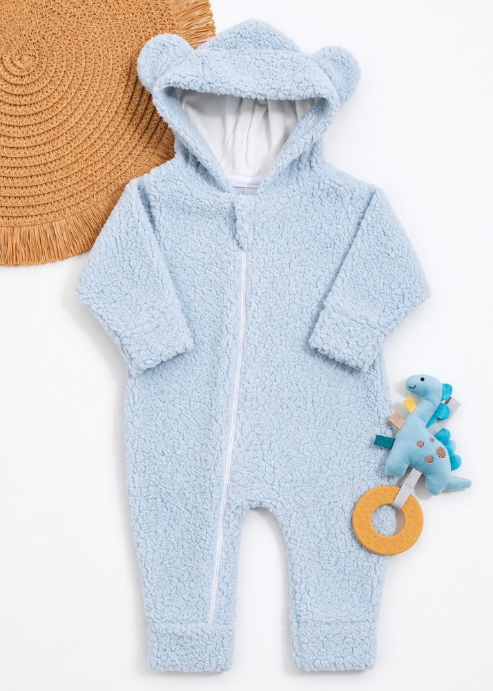 Macacão Bebê Peluciado Teddy Azul com Touca de Orelhinha