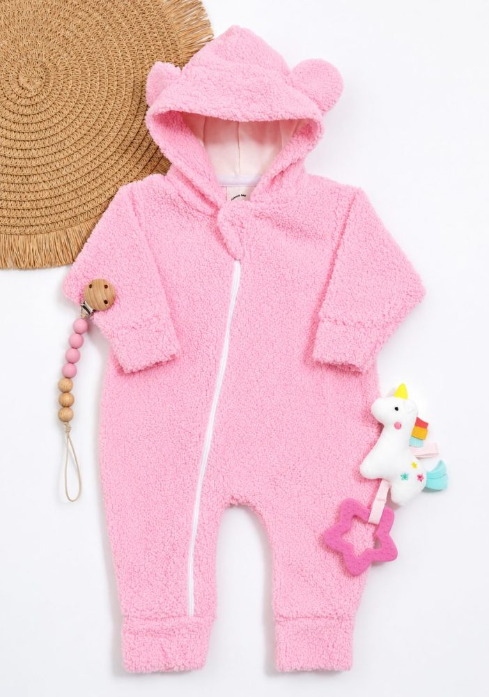 Macacão Bebê Peluciado Teddy Rosa com Touca de Orelhinha