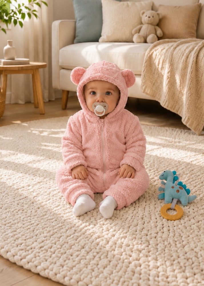 Macacão Bebê Peluciado Teddy Rosa com Touca de Orelhinha